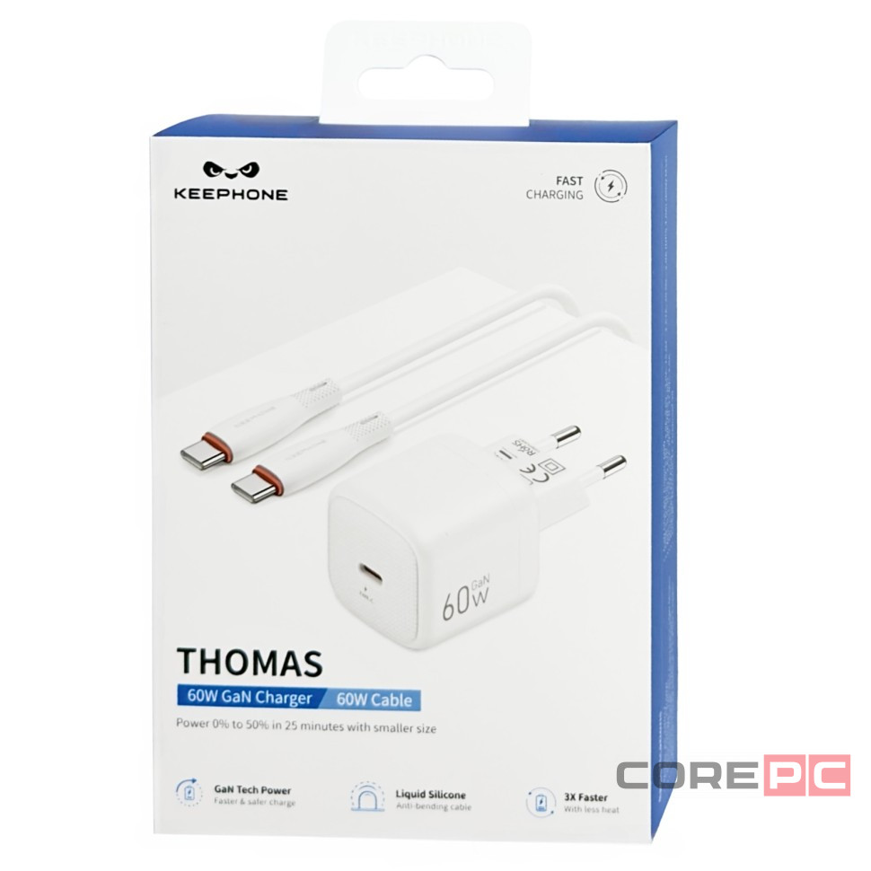 Сетевое зар. устр. Keephone Thomas KP-EB0112 1C 60W Gan с кабелем Type-C на Type-C белое