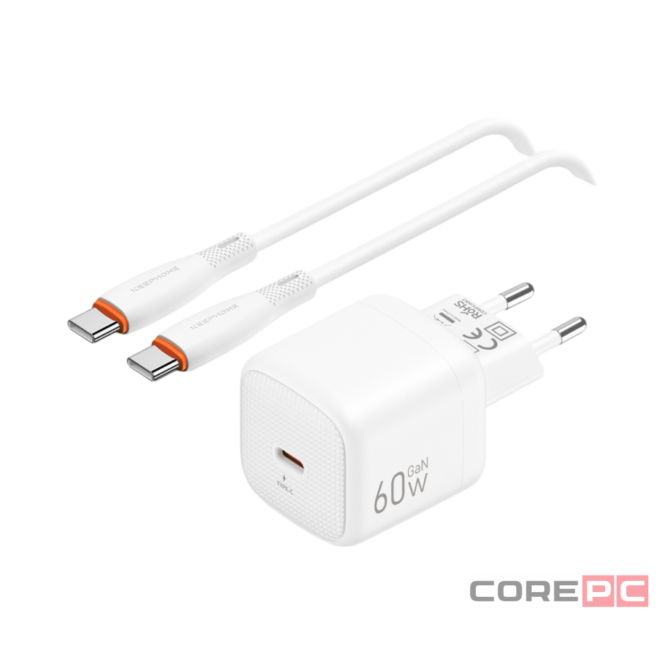 Сетевое зар. устр. Keephone Thomas KP-EB0112 1C 60W Gan с кабелем Type-C на Type-C белое