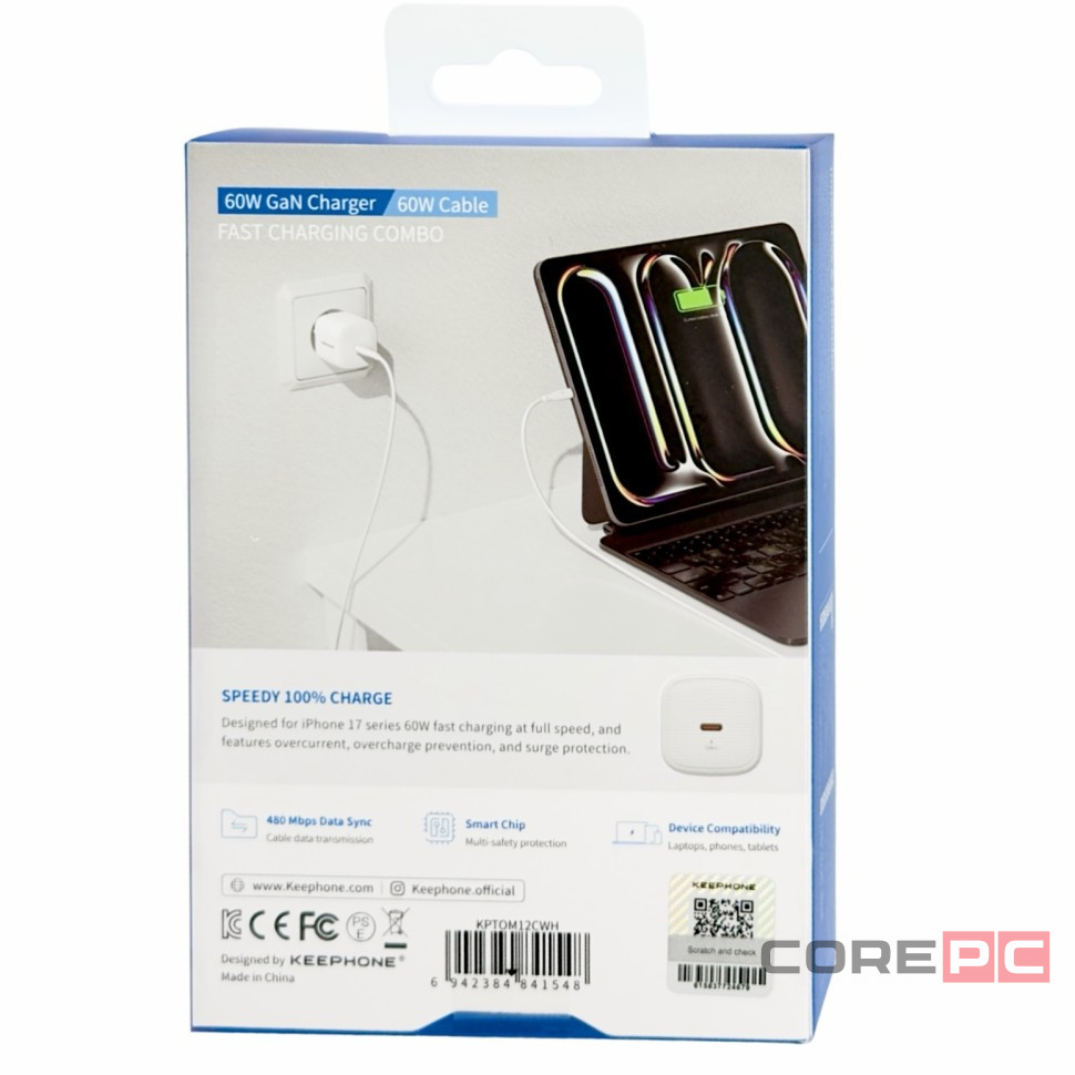 Сетевое зар. устр. Keephone Thomas KP-EB0112 1C 60W Gan с кабелем Type-C на Type-C белое