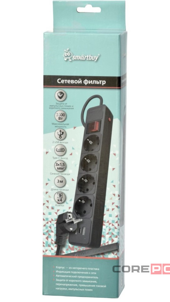 Сетевой фильтр c USB+Type C, 16А, 4 гнезда, c з/ш, с з/к, ПВС, 3 м, черный (SBSP-30C-K)