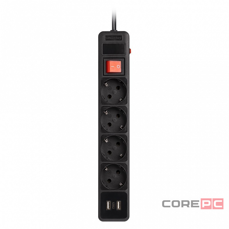 Сетевой фильтр c USB+Type C, 16А, 4 гнезда, c з/ш, с з/к, ПВС, 3 м, черный (SBSP-30C-K)