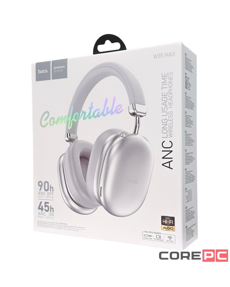 Стереонаушники Bluetooth полноразмерные Hoco W35 Max ANC BT5.3/45ч серебристые