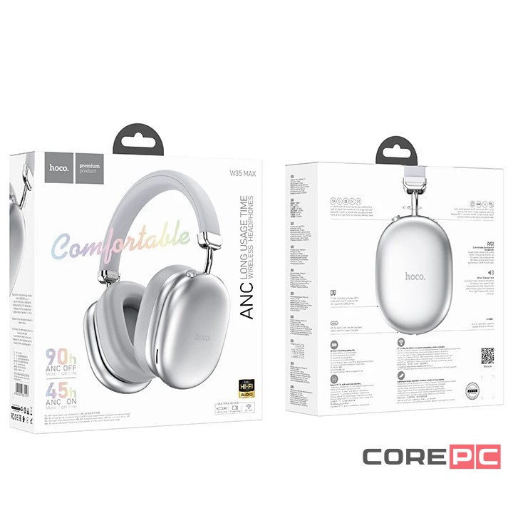 Стереонаушники Bluetooth полноразмерные Hoco W35 Max ANC BT5.3/45ч серебристые