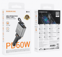 Автомобильное заряд. устр. Borofone BZ33 с выдвижным кабелем Type-C+1C 60W черное