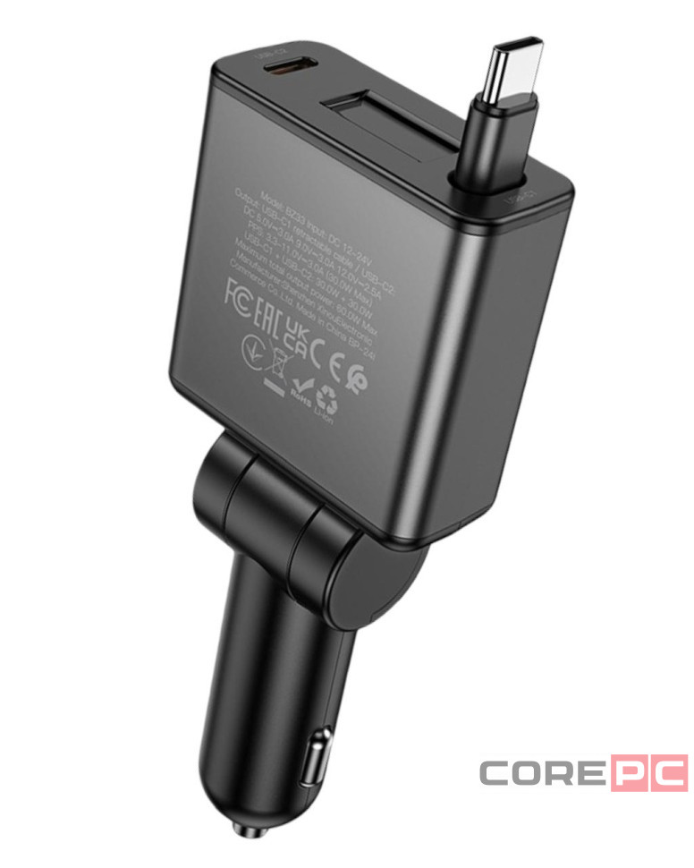 Автомобильное заряд. устр. Borofone BZ33 с выдвижным кабелем Type-C+1C 60W черное