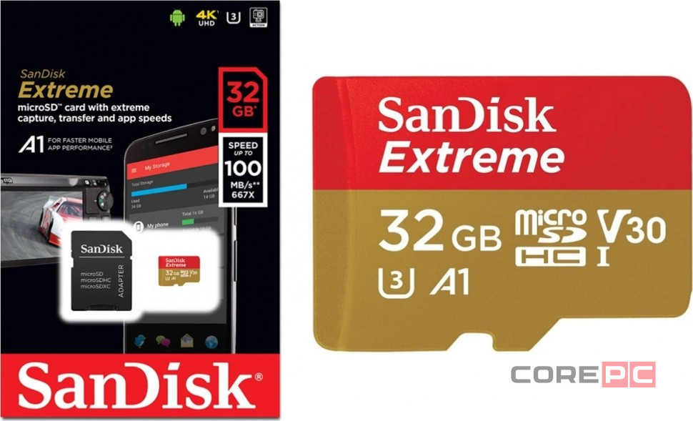 micro SDXC карта памяти SanDisk 32GB Class 10 Extreme UHS-I U3 100MB/s с адапт. (SDSQXAF-032G-GN6MA)