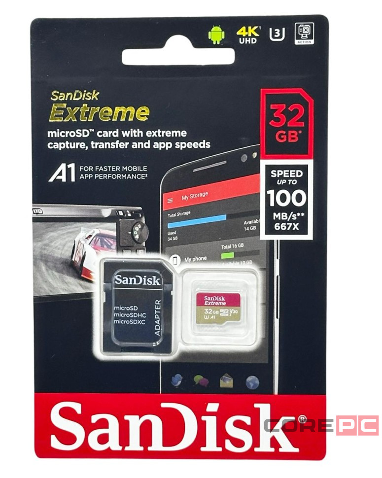 micro SDXC карта памяти SanDisk 32GB Class 10 Extreme UHS-I U3 100MB/s с адапт. (SDSQXAF-032G-GN6MA)