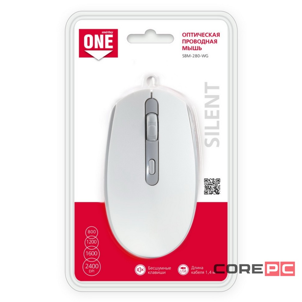 Мышь проводная Smartbuy ONE 280 USB/DPI 800-1200-1600-2400/4 кнопки/1.4м (SBM-280-WG) бело-серая