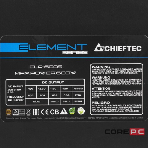 Блок питания Chieftec 600W ELEMENT ELP-600S