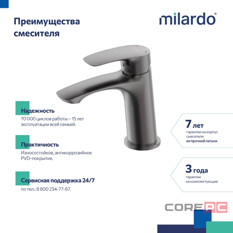 Смеситель для раковины Milardo RORGM00M01, рычажное управление, цвет графит матовый