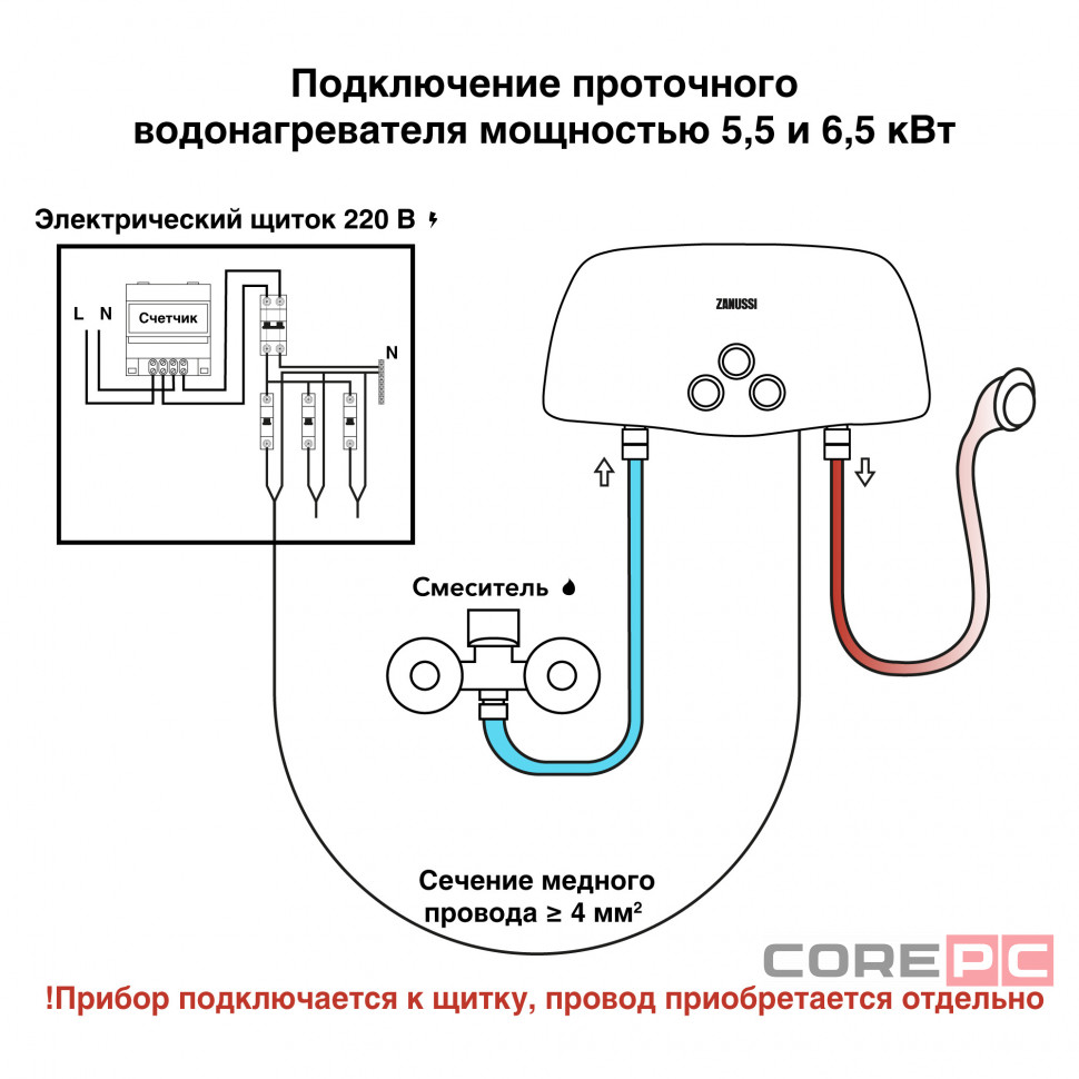Водонагреватель проточный Zanussi 3-logic 5,5 TS (душ+кран)