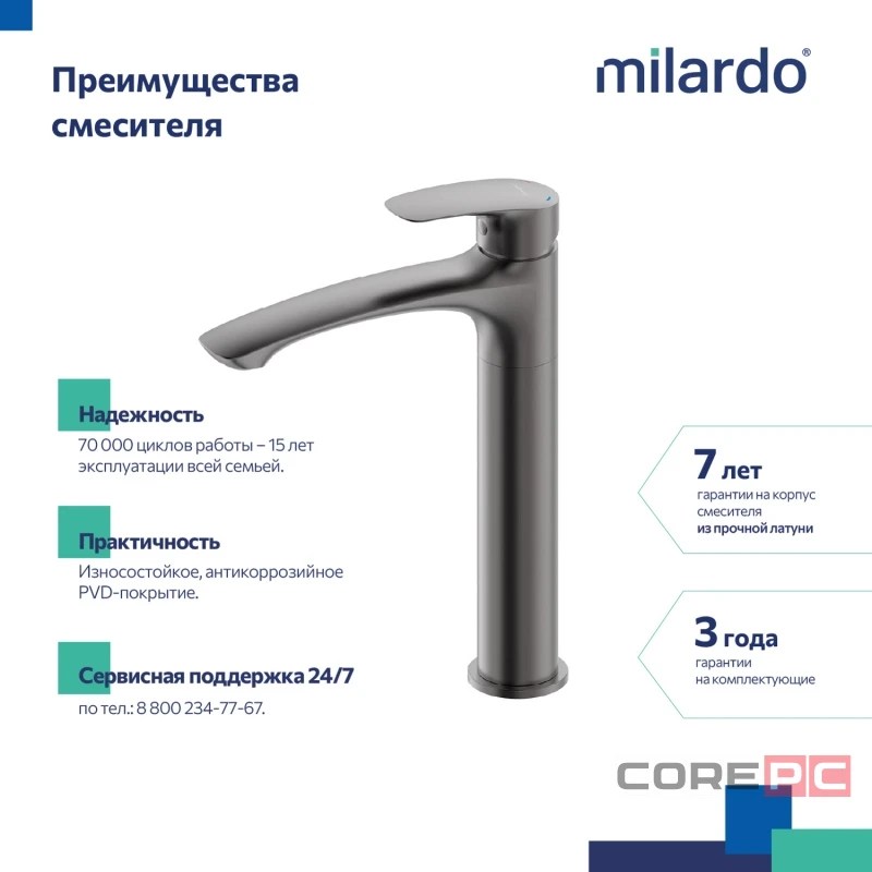 Смеситель для раковины Milardo RORGM01M01, рычажное управление, цвет графит матовый
