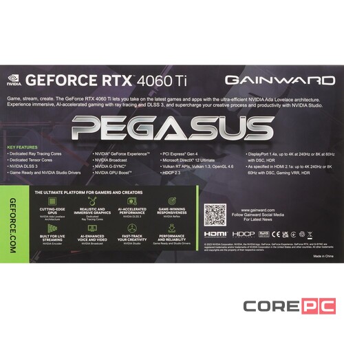 Видеокарта GAINWARD (NE6406T019P1-1060E) GeForce RTX 4060 Ti 8GB PEGASUS