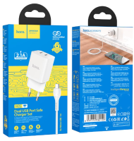 Сетевое зарядное устройство Hoco (N25) Maker 2xUSB/2.1A + кабель Lightning (белый)