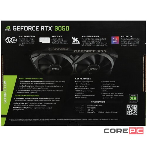 Видеокарта MSI (RTX 3050 VENTUS 2X XS 8G) GeForce RTX 3050 8GB VENTUS 2X XS 8G