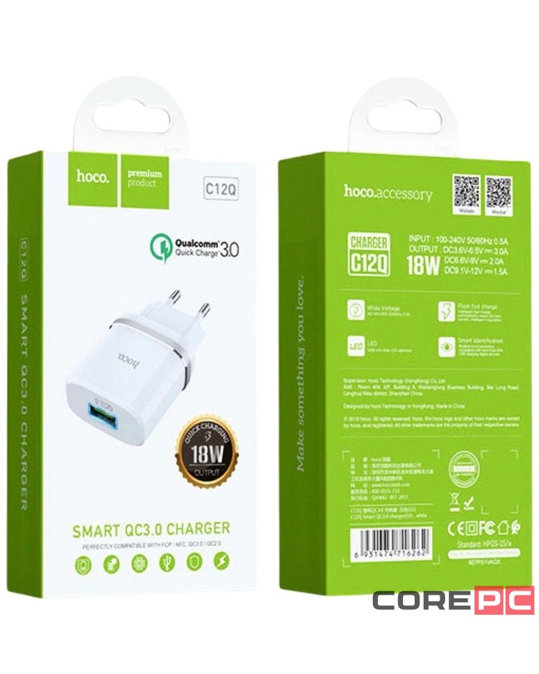 Сетевое зар. устр. Hoco C12Q 1USB QC3.0 2.4A белое