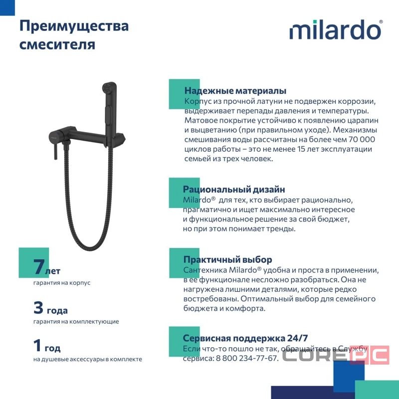Смеситель для гигиенического душа Milardo TIDBL15M08, рычажное управление, цвет черный матовый