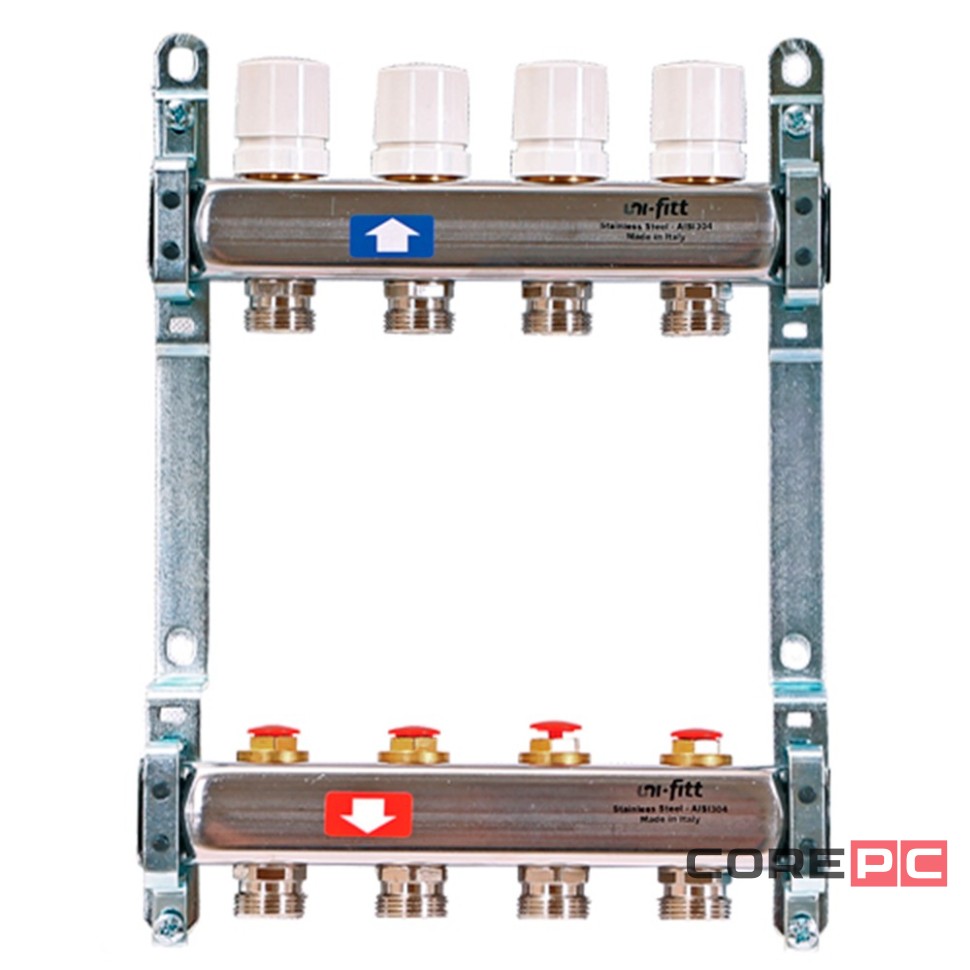 Группа коллекторная Uni-Fitt 1quot;х6 вых 3/4quot; с балансир. и термостат. вентилями без конц, нерж. cталь