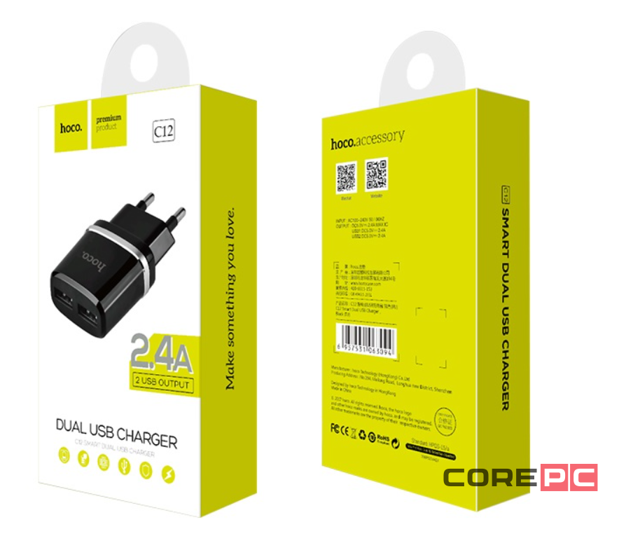 Сетевое зар. устр. Hoco C12 2USB 2.4A черное