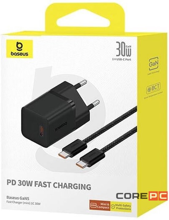 Сетевое зар. устр. Baseus GaN5 Mini 1C кабель Type-C на Type-C 30W P10110902113-00 черное