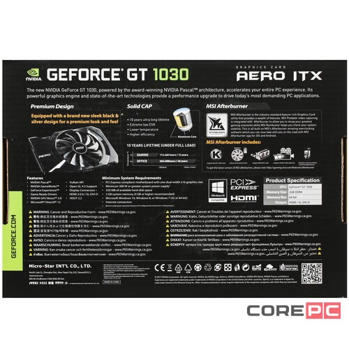 Видеокарта MSI (GT 1030 AERO ITX 2GD4 OC) GeForce GT1030 2GB AERO ITX OC