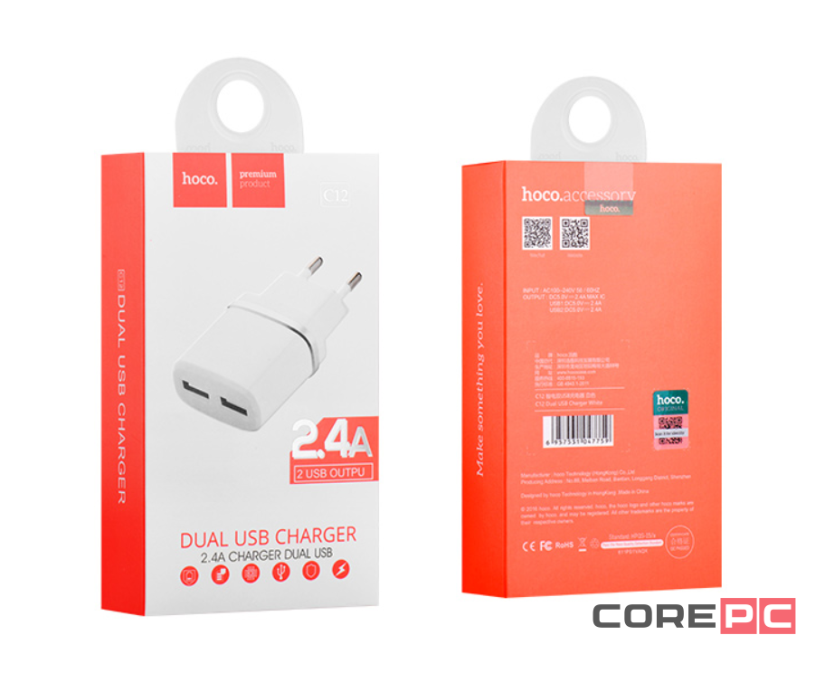Сетевое зар. устр. Hoco C12 2USB 2.4A белое