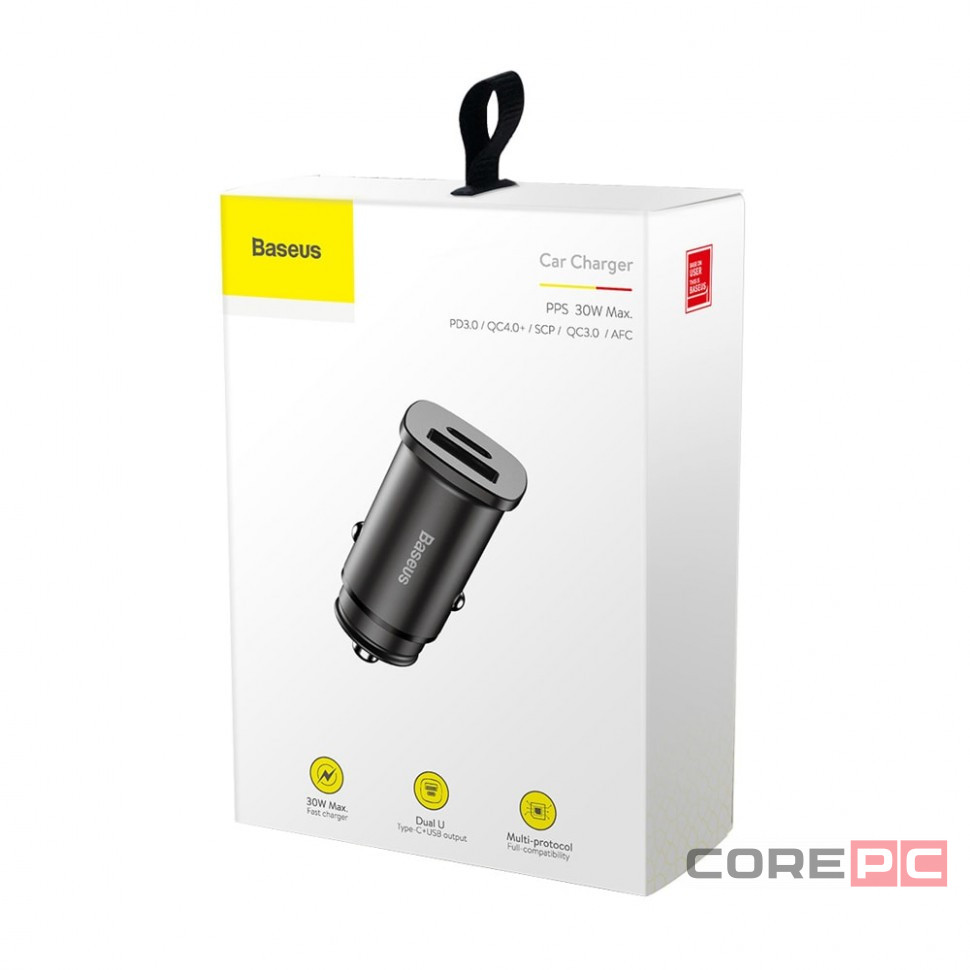 Автомобильное заряд. устр. Baseus Square Metal 1USB+1C 30W (CCALL-AS01) черное
