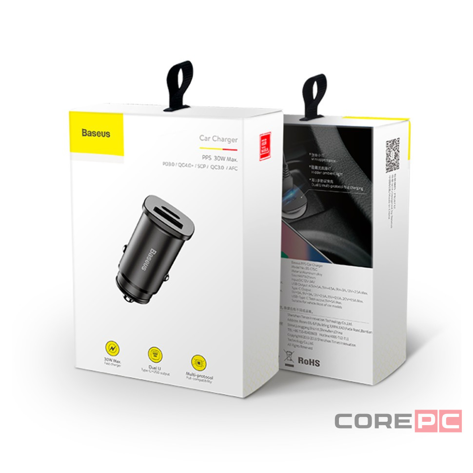 Автомобильное заряд. устр. Baseus Square Metal 1USB+1C 30W (CCALL-AS01) черное