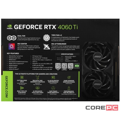 Видеокарта MSI (RTX 4060 Ti VENTUS 2X BLACK 16G OC) GeForce RTX 4060 Ti 16GB VENTUS 2X BLACK OC