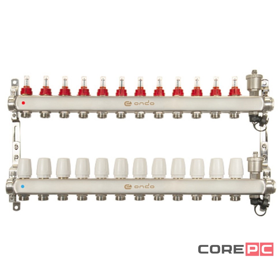Группа коллекторная ONDO нерж сталь 12 вых. с автомат. воздухоотвод., расход. и термостат. клапанами
