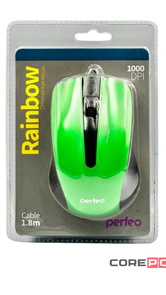 Мышь проводная Perfeo Rainbow USB/DPI 1000/3 кнопки/1.8м черно-зеленая