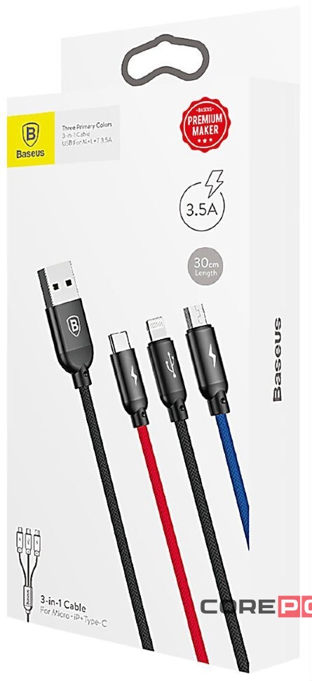 Кабель-зарядка Baseus Three Primary 3в1 Micro/Lightning/Type-C 30см (CAMLT-ASY01) 3.5A черный