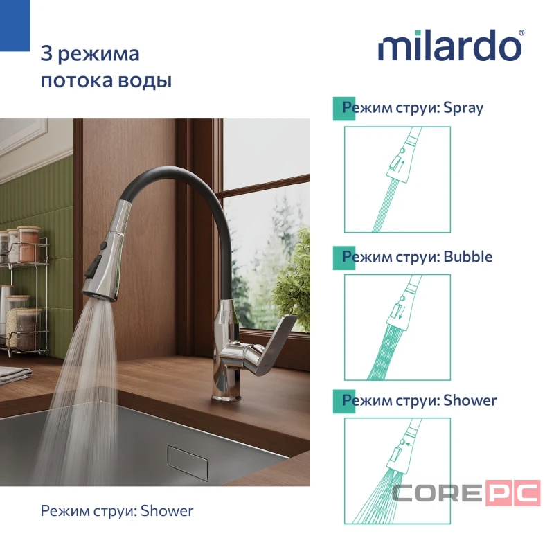 Смеситель для кухни Milardo POLSB0FM05, рычажное управление, цвет хром/черный