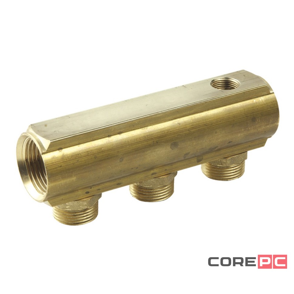 Коллектор HENCO латунный под евроконус с отверстием для воздухоотводчика, 1quot; - 2x3/4quot;НР - 3/8quot;