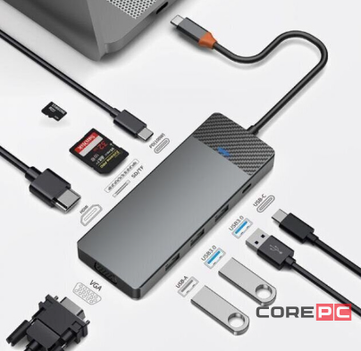 Адаптер WIWU Linker 9 в 1 USB-C HUB на USBx3/Type-Cx2/VGA/HDMI/SD/TF (A921HV) (Grey)