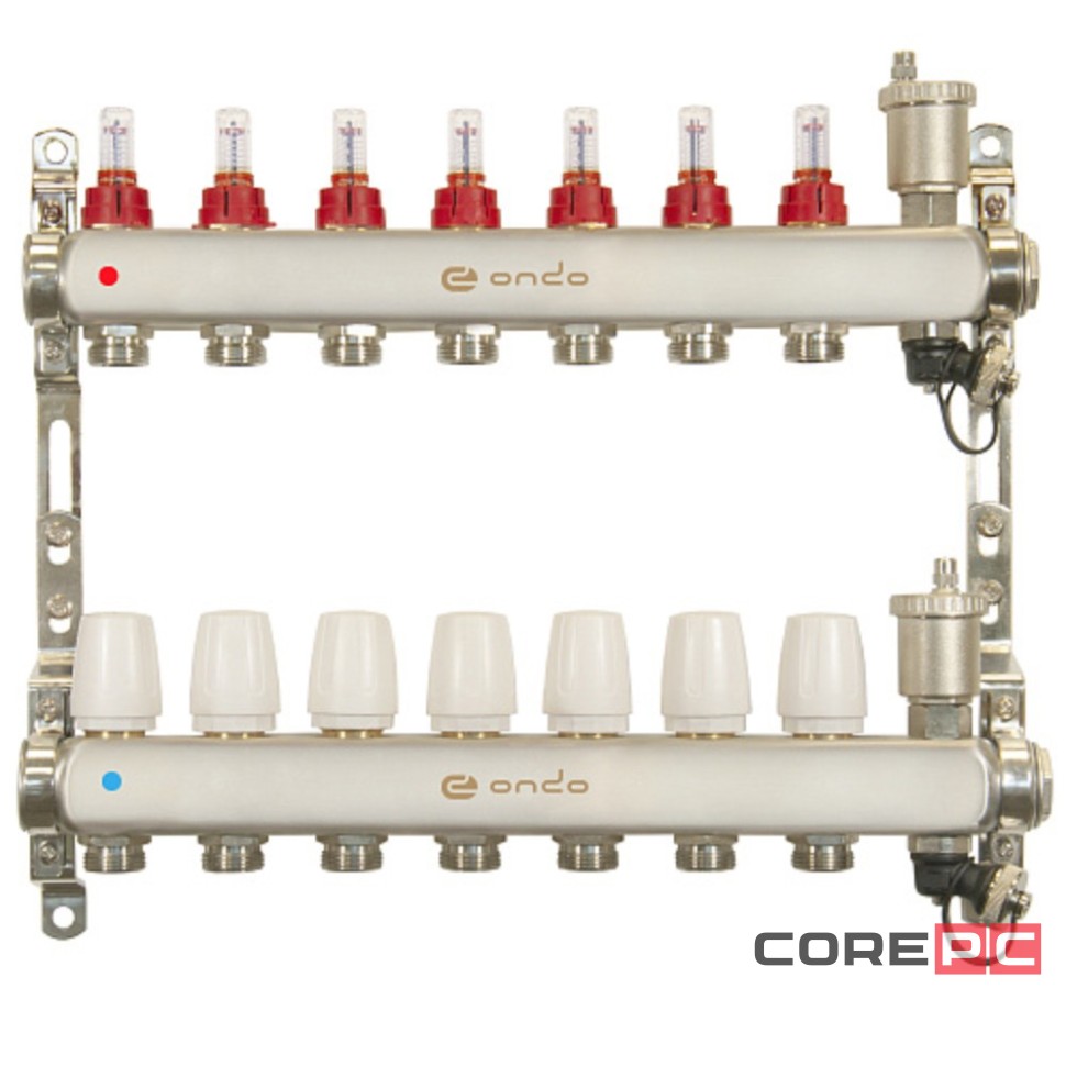 Группа коллекторная ONDO нерж сталь 7 вых. с автомат. воздухоотвод., расход. и термостат. клапанами