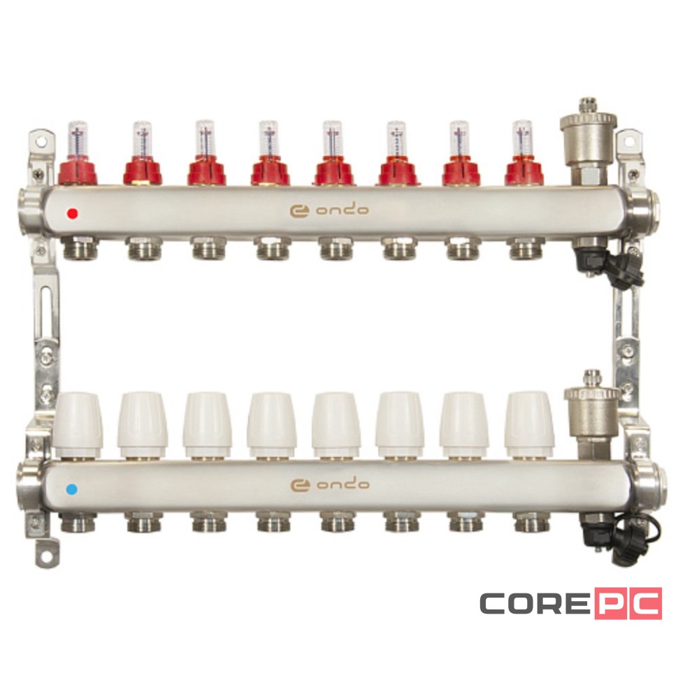 Группа коллекторная ONDO нерж сталь 8 вых. с автомат. воздухоотвод., расход. и термостат. клапанами