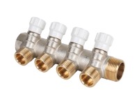 Коллектор латунный MVI 1quot;x3/4quot;x4 выхода, с регулирующими вентилями