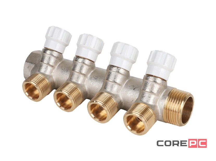 Коллектор латунный MVI 1quot;x3/4quot;x4 выхода, с регулирующими вентилями