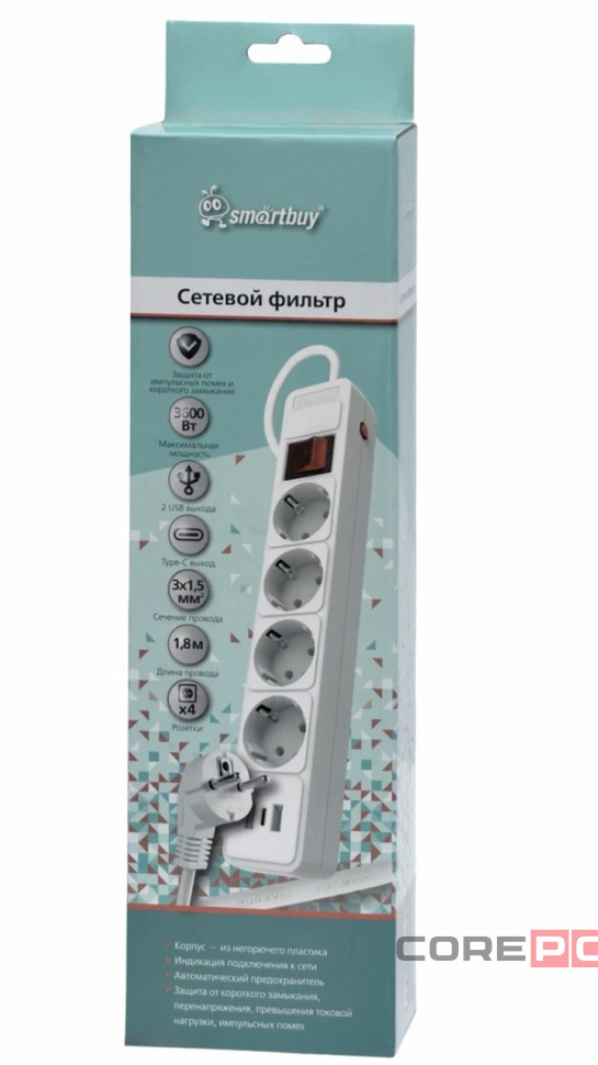 Сетевой фильтр c USB+Type C, 16А, 4 гнезда, c з/ш, с з/к, ПВС, 1.8 м, белый (SBSP-18C-W)