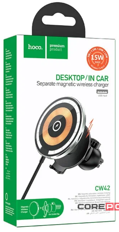 Держатель c беспроводной зарядкой в воздуховод Hoco CW42 (MagSafe) 15W магнитный черный