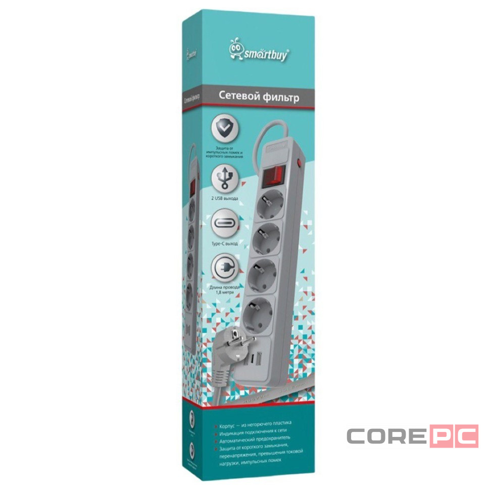 Сетевой фильтр c USB+Type C, 16А, 4 гнезда, c з/ш, с з/к, ПВС, 1.8 м, серый (SBSP-18C-G)