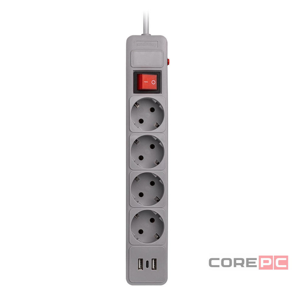 Сетевой фильтр c USB+Type C, 16А, 4 гнезда, c з/ш, с з/к, ПВС, 1.8 м, серый (SBSP-18C-G)