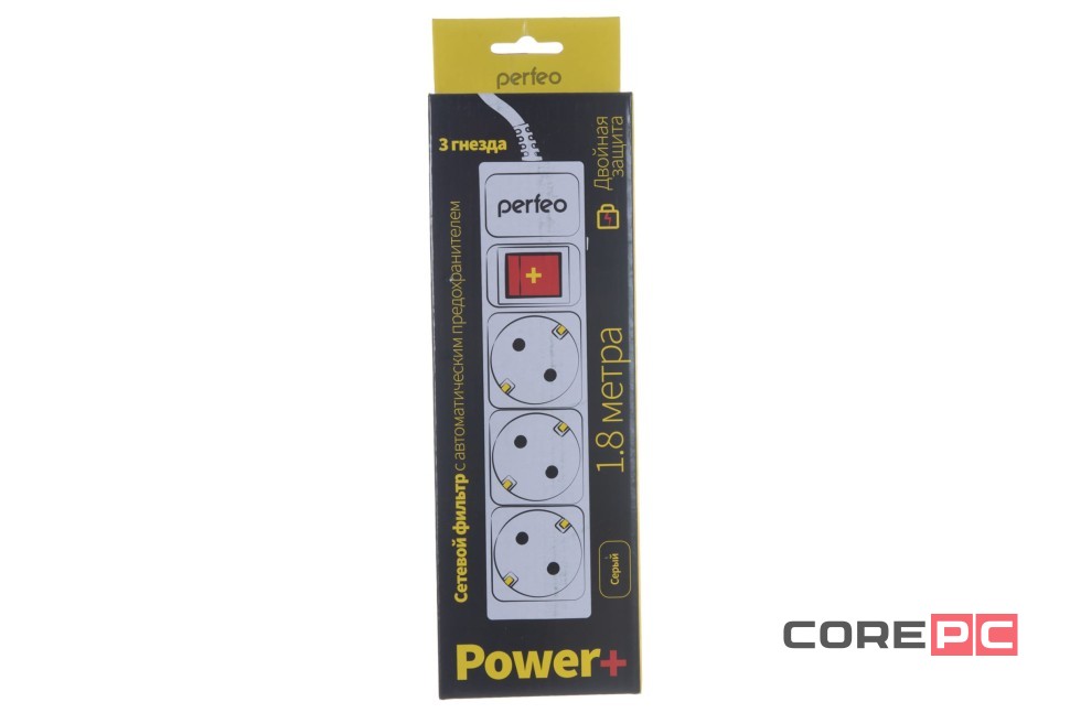 Сетевой фильтр Perfeo Power+ (PF-PP-3/1,8-G) 1.8м/3 розетки серый