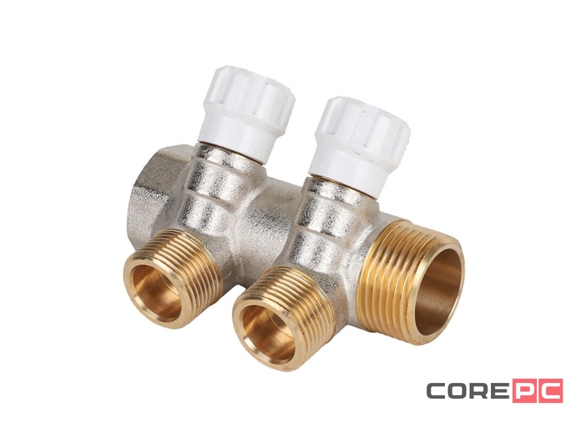 Коллектор латунный MVI 1quot;x3/4quot;x2 выхода, с регулирующими вентилями