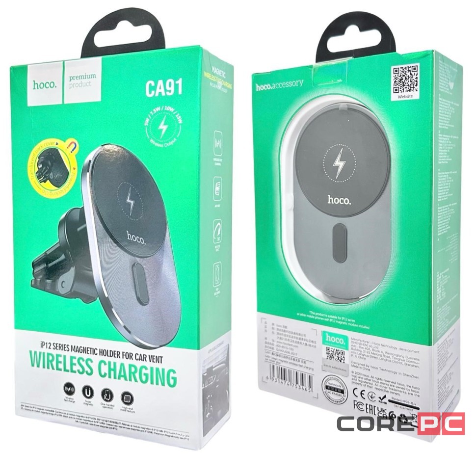 Держатель c беспроводной зарядкой в воздуховод Hoco CA91 (MagSafe) 15W магнитный черный