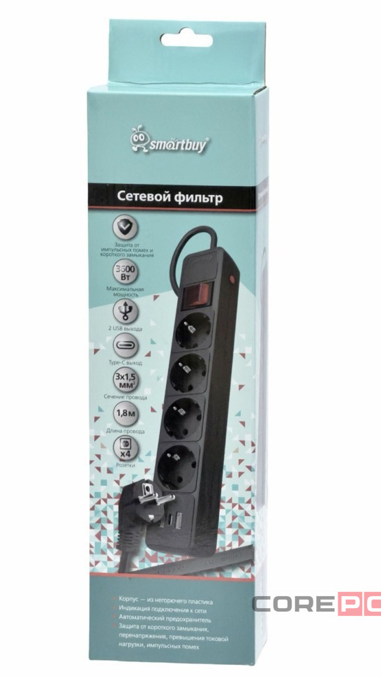 Сетевой фильтр c USB+Type C, 16А, 4 гнезда, c з/ш, с з/к, ПВС, 1.8 м, черный (SBSP-18C-K)
