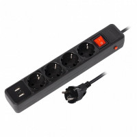 Сетевой фильтр c USB+Type C, 16А, 4 гнезда, c з/ш, с з/к, ПВС, 1.8 м, черный (SBSP-18C-K)