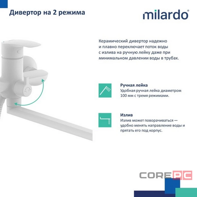 Смеситель для ванны и раковины Milardo RORWT00M10, рычажное управление, цвет белый матовый