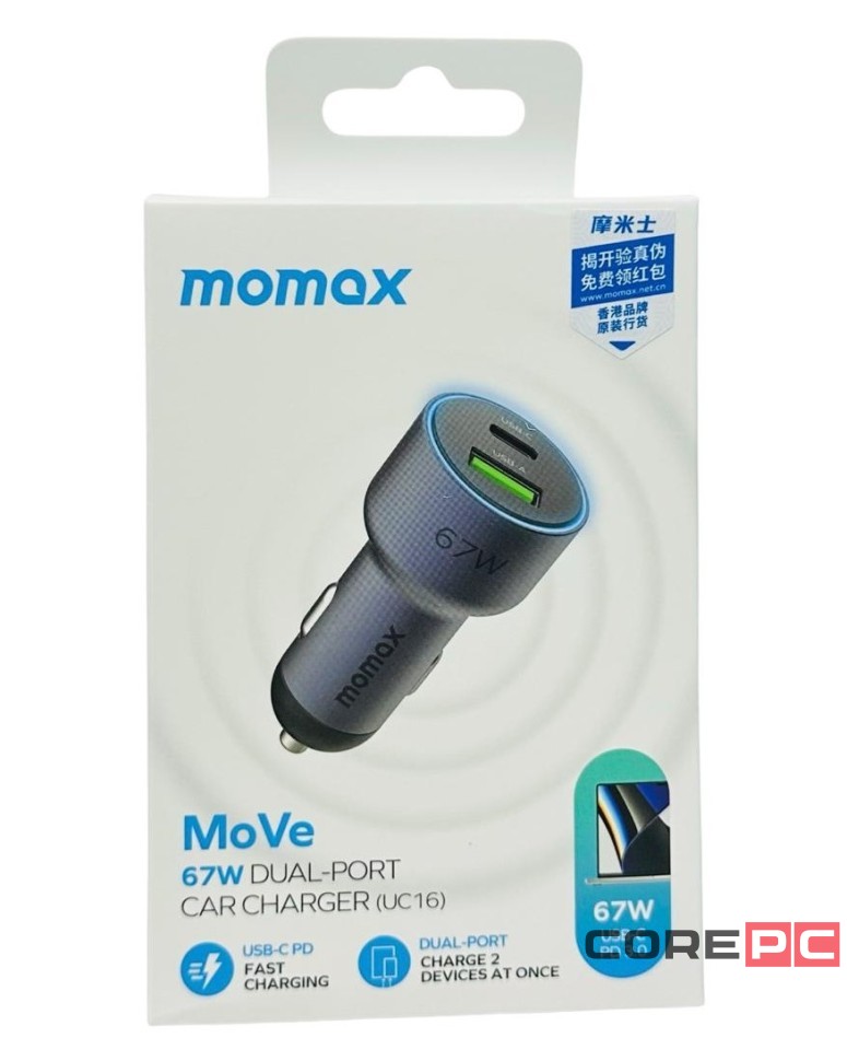 Автомобильное заряд. устр. Momax Move 67W 1USB/1USB-C серый